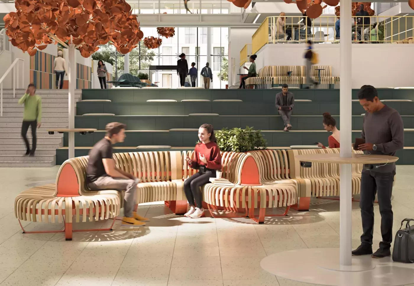 Public seating in an indoor common corporate space with indoor trees