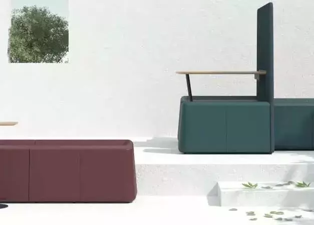 Boln seating in brick colour with dining tables in bright product shoot