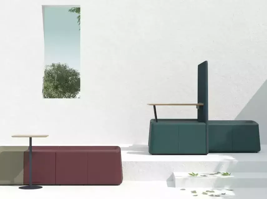 Boln seating in brick colour with dining tables in bright product shoot